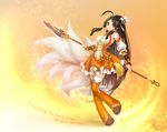  ara_han armpits black_hair boots detached_sleeves elsword english engrish full_body gradient gradient_background little_xia_(elsword) long_hair multiple_tails orange_background orange_eyes orange_footwear orange_legwear orange_skirt orange_sleeves poklala polearm ponytail ranguage skirt smile solo spear tail thigh_boots thighhighs very_long_hair weapon white_sleeves yellow_background zettai_ryouiki 