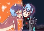  ass ayanami_rei bandaid black_bodysuit blue_hair bodysuit breasts clone dual_persona evangelion:_3.0_you_can_(not)_redo hair_ornament medium_breasts multiple_girls neon_genesis_evangelion nude plugsuit rebuild_of_evangelion red_eyes rumo short_hair smile 