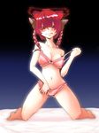  :q animal_ears blush bow bra braid breasts cat_ears cat_tail collarbone hair_bow highres kaenbyou_rin kneeling looking_at_viewer madara_hato medium_breasts multiple_tails navel panties pink_bra pink_panties red_eyes red_hair solo strap_slip tail tongue tongue_out touhou twin_braids underwear underwear_only 