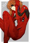  armpits bad_id bad_pixiv_id bangs blue_eyes bodysuit bracer breasts brown_hair copyright_name covering covering_ears evangelion:_3.0_you_can_(not)_redo eyepatch from_side gloves grey_background hair_between_eyes hands_up headgear knees_up long_hair looking_down looking_to_the_side medium_breasts neon_genesis_evangelion number orange_hair outside_border parted_lips pilot_suit plugsuit rebuild_of_evangelion rururara shikinami_asuka_langley simple_background sitting solo souryuu_asuka_langley tape turtleneck 