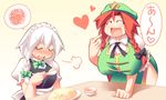  bad_id bad_pixiv_id blush braid breasts closed_eyes food hat heart hong_meiling huge_breasts izayoi_sakuya large_breasts long_hair maid maid_headdress multiple_girls open_mouth red_hair rice short_hair sigh silver_hair touhou translated twin_braids ushi 