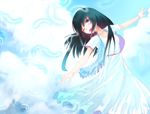  bad_id bad_pixiv_id black_hair blue_eyes dress feathers haori_iori highres long_hair one_eye_closed original solo white_dress 