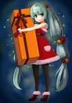  39 bad_id bad_pixiv_id blue_eyes box gift gift_box gloves green_hair hatsune_miku highres long_hair oaw pantyhose santa_costume solo striped striped_legwear twintails vertical-striped_legwear vertical_stripes very_long_hair vocaloid 