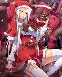  arai_nobu bad_id bad_pixiv_id belt blush chloe_fleurage christmas earrings frode_grim-reaper garter_straps hat jewelry long_hair open_mouth original red_eyes santa_costume santa_hat sitting snow thighhighs white_hair white_legwear 