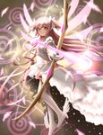  aiming ankle_wings arrow bow bow_(weapon) drawing_bow dress feathers gloves glowing glowing_weapon glowing_wings hair_bow highres holding holding_arrow holding_bow_(weapon) holding_weapon kaname_madoka long_hair looking_at_viewer magical_girl mahou_shoujo_madoka_magica outstretched_arm pink_hair short_sleeves siraha smile solo spoilers thighhighs two_side_up ultimate_madoka very_long_hair weapon white_dress white_gloves white_legwear wings yellow_eyes zettai_ryouiki 
