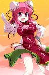  aho bandages blush breasts chinese_clothes double_bun finger_wagging flower highres ibaraki_kasen large_breasts legs pointing rose scolding short_hair skirt solo tabard touhou 
