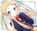  blonde_hair blue_eyes blush chuunibyou_demo_koi_ga_shitai! dekomori_sanae eretto holding holding_hair long_hair looking_at_viewer school_uniform smile solo twintails very_long_hair 