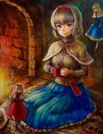  alice_margatroid blonde_hair blue_eyes book capelet cup dress fire fireplace grimoire grimoire_of_alice hairband hourai_doll kneeling light_smile lips looking_at_viewer mug oil_painting_(medium) shanghai_doll short_hair spoon sweater tafuto touhou 