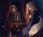  angel_wings bad_id bad_pixiv_id blonde_hair bouquet candle curtains dark feathered_wings feathers fire flame flower full_moon furuhashi_mihiro gem hair_ornament lips long_hair looking_at_viewer moon night original rose scenery sitting solo window wings 
