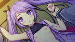  blush flat_chest game_cg nipples open_shirt purple_eyes purple_hair sayori sengoku_hime twintails 