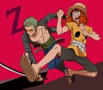  2boys black_hair earrings fighting_stance frown green_hair haramaki hat jeans jewelry kinokooooo male monkey_d_luffy multiple_boys one_piece one_piece_film_z open_mouth orange_shirt pixiv_thumbnail plaid plaid_shirt resized roronoa_zoro running sandals scar shorts straw_hat sunglasses sword weapon 