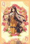  bangs bodysuit boots card doily final_fantasy final_fantasy_ix flower garnet_til_alexandros_xvii gloves holixholi kneeling long_hair low-tied_long_hair orange_bodysuit parted_bangs playing_card reflection rose solo thigh_strap very_long_hair 