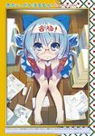  bad_id bad_pixiv_id barefoot bespectacled blue_eyes blue_hair blush book cirno dress eraser glasses headband holding holding_book ice ice_wings looking_at_viewer paper pencil short_hair sitting solo sweatdrop touhou wings zpolice 