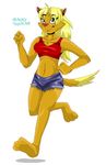  canine clothed clothing crop_top dingo exercising female francisjaythylacine mammal midriff nipple_bulge orange_skin red_topwear running shazza short_top shorts skimpy torn_bottomwear torn_clothing ty_the_tasmanian_tiger 