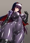  angry aya_rindou blush bodysuit breasts cameltoe erect_nipples gloves impossible_clothes kamori_sayaka kamori_seika large_breasts latex latex_gloves latex_suit latex_thighhighs long_hair looking_at_viewer nun original purple_eyes purple_hair rindou_(radical_dream) shiny shiny_clothes skin_tight skintight solo wide_hips 