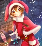  :&lt; animal_ears animal_hat bad_id bad_pixiv_id bell belt blush brown_eyes brown_hair bunny bunny_ears bunny_hat capelet goma_(11zihisin) hat highres looking_at_viewer male_focus mallet open_mouth original otoko_no_ko red_capelet santa_costume santa_hat short_hair shorts snow solo yellow_eyes 