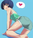  all_fours ano_natsu_de_matteru aqua_eyes arm_support ass bare_legs bare_shoulders blue_background blue_hair blush camisole casual digdug006 from_behind heart legs long_legs looking_at_viewer looking_back naughty_face open_mouth short_hair short_shorts shorts simple_background smirk solo spoken_heart tanigawa_kanna thighs 