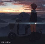  album_cover artist_name backlighting closed_eyes cloud cover dark digital_media_player earphones ground_vehicle highres kuroboshi_kouhaku landscape listening_to_music loafers morning motor_vehicle motorcycle mountain nature official_art one_off pleated_skirt profile scenery school_uniform scooter serafuku shiozaki_haruno shoes short_hair skirt sky socks solo standing sunrise 