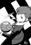  bowl chopsticks daniel_macgregor egg female_protagonist_(persona_3) food from_above greyscale hair_ornament headphones looking_at_viewer monochrome persona persona_3 persona_3_portable ponytail school_uniform signature sitting smile solo sunny_side_up_egg 