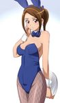  alternate_costume animal_ears arm_behind_back bad_id bad_pixiv_id bangs bare_shoulders blue_bow blue_leotard blue_neckwear blush bow bowtie breasts brown_eyes brown_hair bunny_ears bunny_girl bunny_tail bunnysuit cleavage clenched_hand closed_mouth cowboy_shot detached_collar earrings fake_animal_ears fake_tail fishnet_pantyhose fishnets from_side gradient gradient_background hair_ornament hairband hand_on_own_cheek high_ponytail highleg highleg_leotard holding jewelry large_breasts leotard looking_at_viewer manji_(tenketsu) mature pantyhose ponytail precure sasaki_namie short_hair short_ponytail sideboob sidelocks smile_precure! solo strapless strapless_leotard swept_bangs tail tray white_background wrist_cuffs 