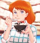  anmitsu_(dessert) bangs beans blue_eyes bowl cheek_bulge cherry earrings eating fio_piccolo food fruit gelatin holding holding_bowl holding_spoon jewelry kurenai_no_buta lafolie looking_at_viewer orange_hair plaid plaid_shirt ponytail shirt solo spoon stud_earrings studio_ghibli swept_bangs upper_body 