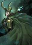 armor avengers blue_eyes cape helmet highres horns loki_(marvel) looking_back male_focus marvel samhu solo staff 