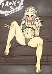  abs barefoot bikini blush breasts cameltoe cleavage couch dorohedoro green_bikini hide_(lindalindalinda) large_breasts long_hair muscle muscular_female navel noi_(dorohedoro) red_eyes sitting smile solo spread_legs swimsuit v white_hair 