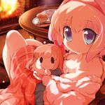  alice_margatroid alternate_costume bad_id bad_pixiv_id between_breasts blonde_hair blue_eyes blush breasts capelet cleavage cup doll fire fireplace hairband holding looking_at_viewer medium_breasts shanghai_doll sitting smile solid_oval_eyes solo spoon table teacup touhou usoneko 