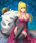  bangs blonde_hair breasts cleavage dress elbow_gloves flower gloves green_eyes hair_ornament highres kukua_(mosushi) large_breasts leaning long_hair metroid metroid_(creature) motion_lines necktie parted_lips ribbon sack samus_aran sitting snowflakes super_smash_bros. swept_bangs thighhighs 