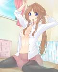  adjusting_hair bed black_legwear blue_eyes blush breasts brown_hair curtains highres long_hair medium_breasts mouth_hold open_clothes open_shirt original pantyhose ponytail ribbon ribbon_in_mouth shirt sitting skirt solo tofu1601 wariza white_shirt window 