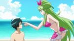  1boy animated animated_gif beach bikini bow breasts flick green_hair ixion_saga large_breasts mariandale newhalf sarong swimsuit trap 
