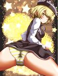  ass blonde_hair blush cameltoe from_behind hat highres lunasa_prismriver panties short_hair solo spread_legs star striped striped_panties touhou underwear yellow_eyes zan_(harukahime) 