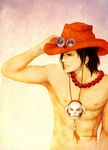 1boy abs artist_name beads black_hair character_name cowboy_hat false_delusion freckles hand_on_hat hand_on_headwear hat jewelry long_hair male male_focus muscle necklace nipples one_piece pirate portgas_d_ace sad_face skull smiley smiley_face solo stampede_string tattoo topless yellow_eyes 