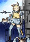  aircraft airplane animal_hat bad_id bad_pixiv_id blonde_hair blue_eyes coh f8f_bearcat goggles hat mars_expedition multiple_girls navy thighhighs thumbs_up 