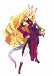  blonde_hair boots curly_hair disgaea dress drill_hair earrings full_body hand_on_hip harada_takehito horns jewelry long_hair makai_senki_disgaea_3 official_art pointy_ears simple_background smile solo standing stella_grossular sword tail weapon white_background 