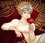  apple blonde_hair blue_eyes candy_apple cheek_bulge earrings eating food food_on_face fruit jewelry kaze_no_tani_no_nausicaa kushana lafolie solo studio_ghibli tiara 