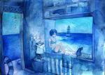  against_wall barefoot beach bikini_shorts bikini_top bird blue blue_hair bucket cat envelope hook indoors leaning lifebuoy lighthouse ocean original scenery school_uniform shelf shirt short_hair shorts sitting skirt solo suitcase swimsuit tetra_(mead) traditional_media water watercolor_(medium) window windowsill 