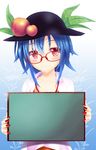  bad_id bad_pixiv_id bespectacled blue_hair blush collarbone food fruit ghost_okada glasses hat highres hinanawi_tenshi holding long_hair looking_at_viewer nail_polish peach red_eyes shirt smile solo template touhou 