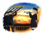  america american_flag bad_id bad_pixiv_id blonde_hair blue_eyes coh commentary flag gun hat instrument mars_expedition multiple_girls ocean rifle salute sunset thighhighs trumpet weapon zettai_ryouiki 