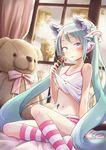  aqua_hair bare_shoulders blue_eyes blush collarbone curtains food hair_ornament hatsune_miku highres ice_cream kneehighs kuinji_51go long_hair looking_at_viewer shorts sitting solo striped striped_legwear stuffed_animal stuffed_toy sunlight teddy_bear tongue tongue_out twintails very_long_hair vocaloid window 