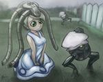  1girl artist_name breasts collarbone cosplay dress dwarf_gekko fence grass green_eyes hat ikamusume ikamusume_(cosplay) laughing_octopus metal_gear metal_gear_(series) metal_gear_solid_4 outdoors parody shinryaku!_ikamusume short_hair signature sitting tentacle xdraws 