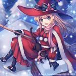  1girl :d bad_id bad_pixiv_id black_gloves blonde_hair blush boots broom cape cat gloves green_eyes guilty_dragon hat holding kaizeru open_mouth scarf sitting smile snowing solo sparkle watermark witch_hat 