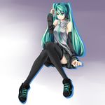  aerlai akg bad_deviantart_id bad_id cable detached_sleeves green_eyes green_hair hatsune_miku headphones highres knees_together_feet_apart long_hair necktie nike shoes sitting skirt smile sneakers solo thighhighs twintails very_long_hair vocaloid 