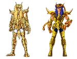  80s araki_shingo armor blonde_hair cape comparison gold gold_saints helmet himeno_michi knight kurumada_masami oldschool purple_hair saint_seiya scorpio_milo zodiac 