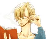  bad_anatomy bespectacled blonde_hair book cigarette glasses hair_over_one_eye long_neck male_focus one_piece reading sanji smoking solo white_background 