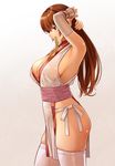  armpits breasts brown_hair dead_or_alive kasumi_(doa) large_breasts mouth_hold no_bra no_panties pelvic_curtain red_eyes revealing_clothes see-through sideboob simple_background solo thighhighs tkln vambraces white_background white_legwear 