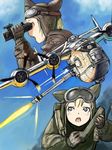  aircraft airplane animal_hat bad_id bad_pixiv_id binoculars blonde_hair coh firing hat mars_expedition multiple_girls phone 