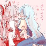  blue_dress blue_hair blush closed_eyes dress french_kiss fujiwara_no_mokou grey_hair hair_ribbon heart kamishirasawa_keine kiss komaku_juushoku long_hair multiple_girls neckerchief no_hat no_headwear ribbon touhou translated yuri 