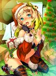  banned_artist blonde_hair blue_eyes blush boots breasts christmas_tree copyright_name cuffs fingerless_gloves furyou_michi_~gang_road~ gift gloves handcuffs looking_at_viewer medium_breasts short_shorts shorts solo star thigh_boots thighhighs tongue xil 