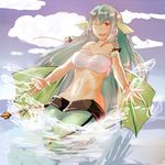  ;d bandeau bare_shoulders blue_hair blush bow braid breasts cloud day fins green_hair hair_bow hair_ribbon head_fins large_breasts lens_flare long_hair lowleg mermaid midriff monster_girl monster_girl_encyclopedia non-web_source ocean one_eye_closed open_hands open_mouth outdoors red_eyes ribbon sea_bishop sky smile solo splashing strapless tthal tubetop twin_braids very_long_hair water 